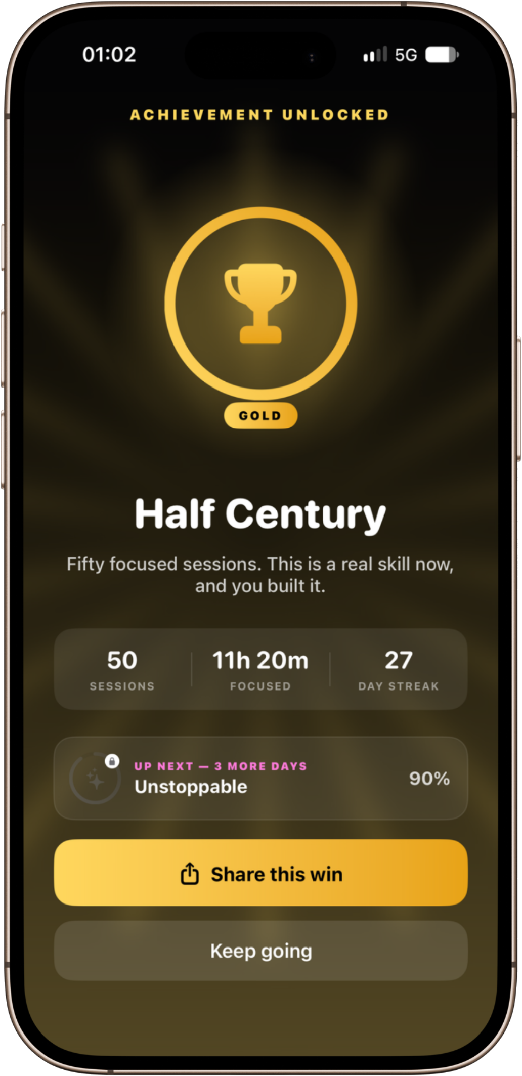 The First Hour achievement screen, showing a bronze badge earned for one full hour of focus.