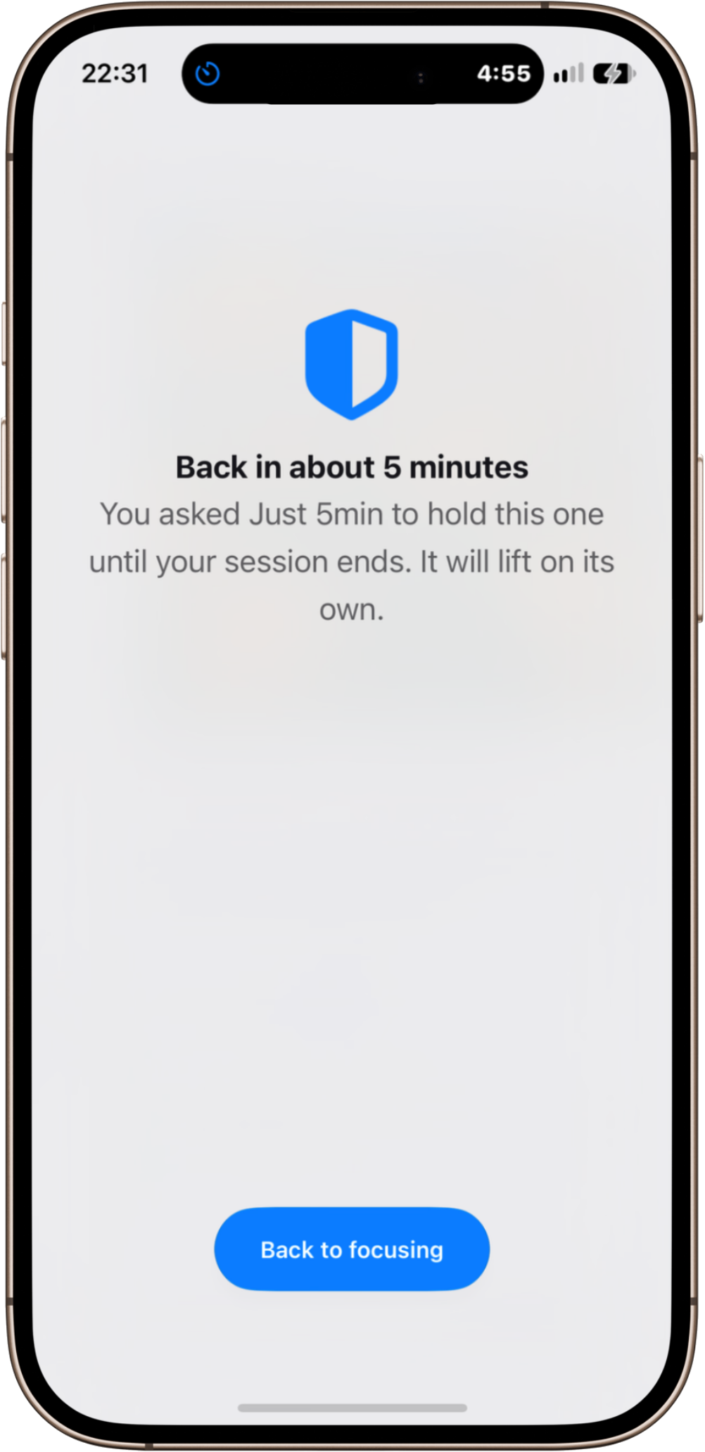 The Focus Shield screen, blocking distracting apps for the length of a session.